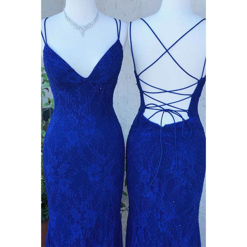 Vestido de fiesta de sirena con escote en V y tirantes finos de encaje azul real