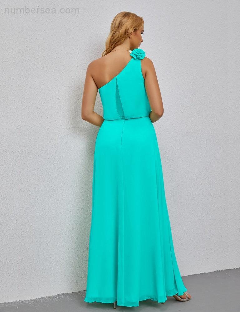 Ruffled One Shoulder Sleeveless Long Bridesmaid Dresses A-line Formal Evening Gown Side Split 28080-numbersea