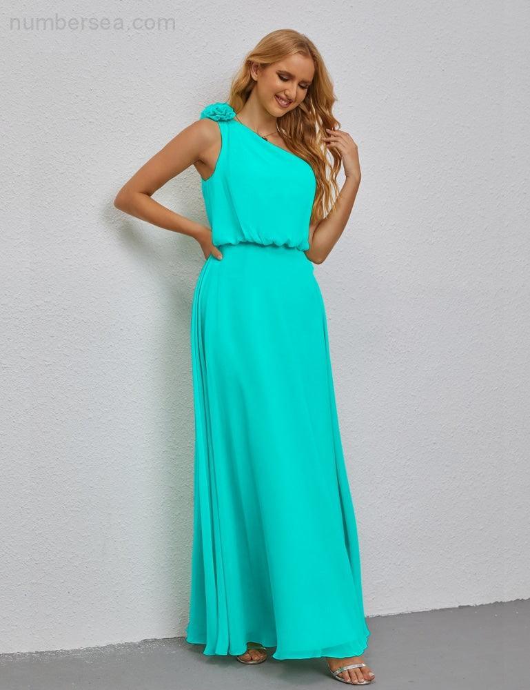 Ruffled One Shoulder Sleeveless Long Bridesmaid Dresses A-line Formal Evening Gown Side Split 28080-numbersea