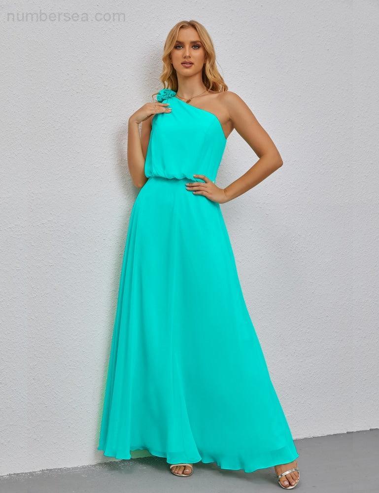 Ruffled One Shoulder Sleeveless Long Bridesmaid Dresses A-line Formal Evening Gown Side Split 28080-numbersea