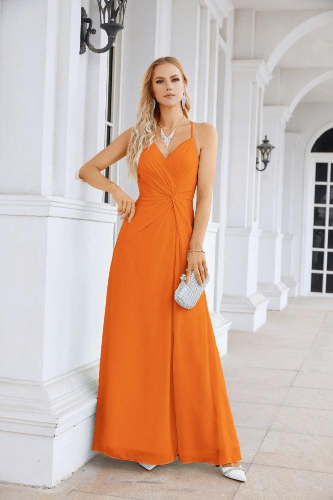 Ladies Chiffon Spaghetti Strap V Neck Front Slit Floor Length Bridesmaid Evening Dress Prom Party Wedding Evening Dress 28116-numbersea