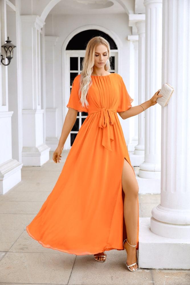Ladies Chiffon Sleeve Crew Neck Front Slit Floor Length Bridesmaid Evening Dress Wedding Party Evening Dress 28124-numbersea
