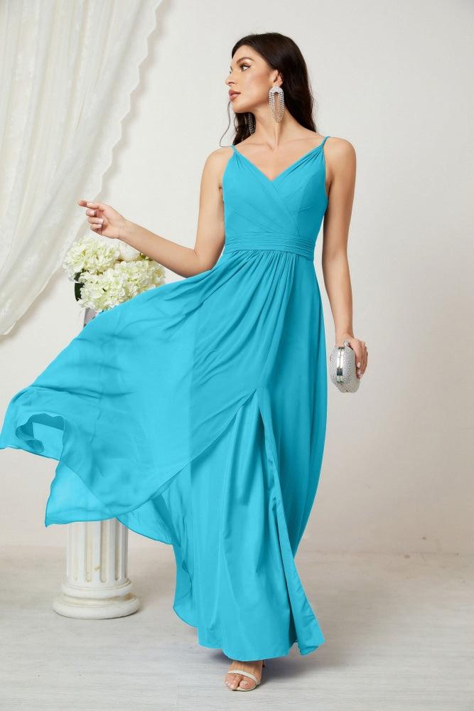 Numbersea Chiffon V-Neck Bridesmaid Dress Spaghetti Strap Long Formal Party Prom Gowns with Slit 28010-numbersea