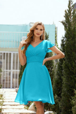 Neck Chiffon Bridesmaid Dresses Formal Cocktail Prom Gown Homecoming 28013 Turquoise