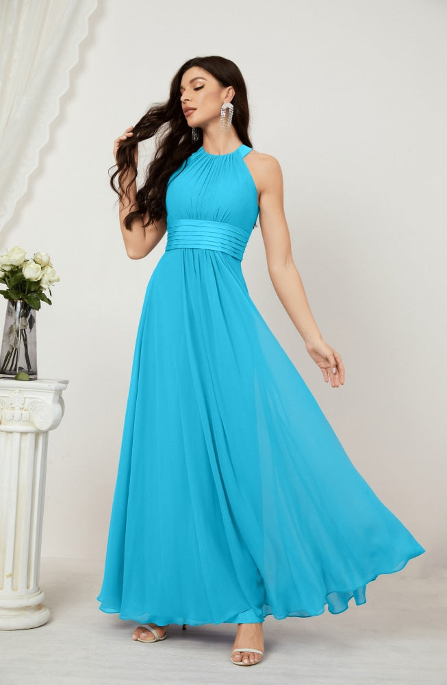 Numbersea Formal Party Gown Dress Chiffon Halter Long Sleeveless Bridesmaid Dresses 2802 Turquoise