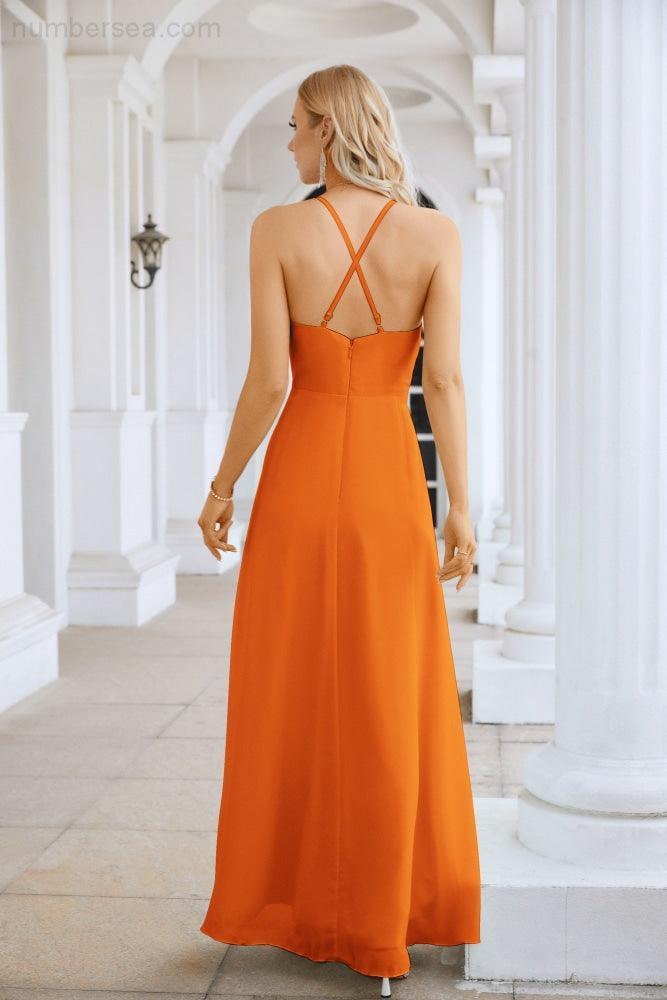 Ladies Chiffon Spaghetti Strap V Neck Front Slit Floor Length Bridesmaid Evening Dress Prom Party Wedding Evening Dress 28116-numbersea