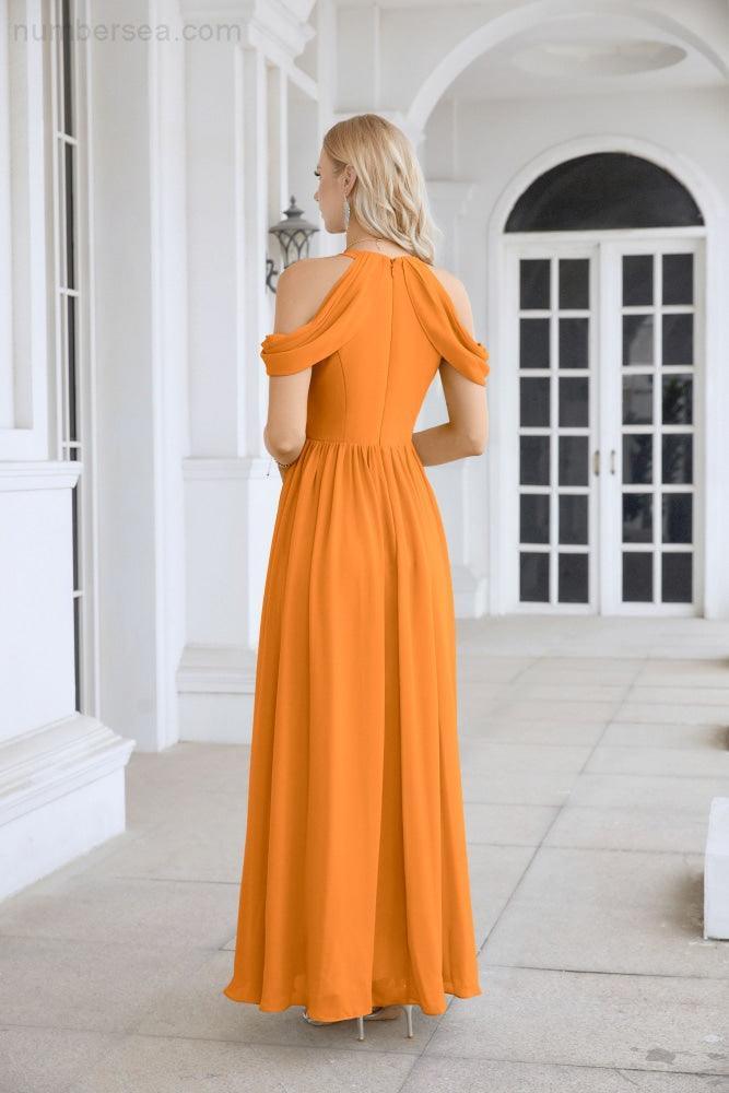 Ladies Chiffon Off Shoulder Swing Sleeve Front Slit Bridesmaid Evening Dress Wedding Party Evening Dress 28117-numbersea
