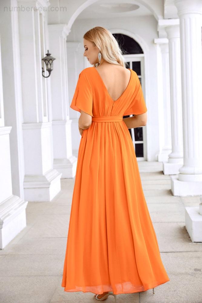 Ladies Chiffon Sleeve Crew Neck Front Slit Floor Length Bridesmaid Evening Dress Wedding Party Evening Dress 28124-numbersea