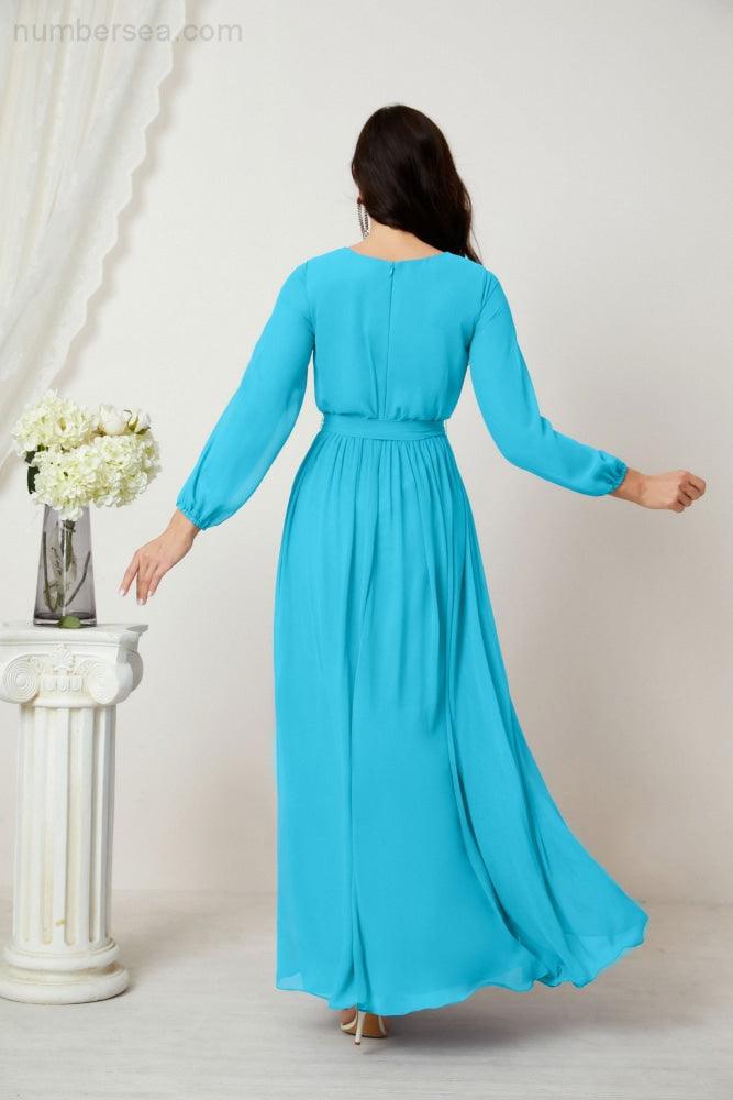 Numbersea Evening Dresses Deep V-Neck Chiffon Bridesmaid Dresses Long Bishop Sleeve Side Split Formal Dress 2806-numbersea