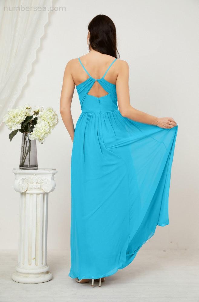 Numbersea Neck Bridesmaid Dresses Chiffon Long Spaghetti A-Line Formal Prom Gown For Wedding Party
