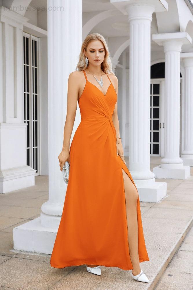 Ladies Chiffon Spaghetti Strap V Neck Front Slit Floor Length Bridesmaid Evening Dress Prom Party Wedding Evening Dress 28116-numbersea