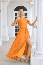 Ladies Chiffon Off Shoulder Swing Sleeve Front Slit Bridesmaid Evening Dress Wedding Party Evening Dress 28117-numbersea