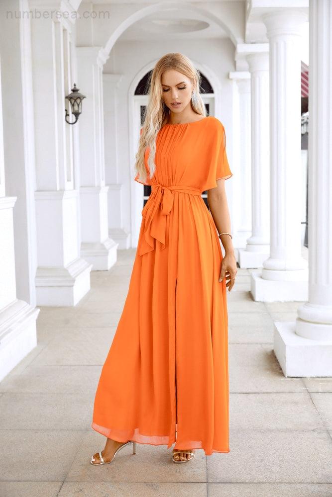 Ladies Chiffon Sleeve Crew Neck Front Slit Floor Length Bridesmaid Evening Dress Wedding Party Evening Dress 28124-numbersea