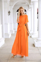 Ladies Chiffon Sleeve Crew Neck Front Slit Floor Length Bridesmaid Evening Dress Wedding Party Evening Dress 28124-numbersea