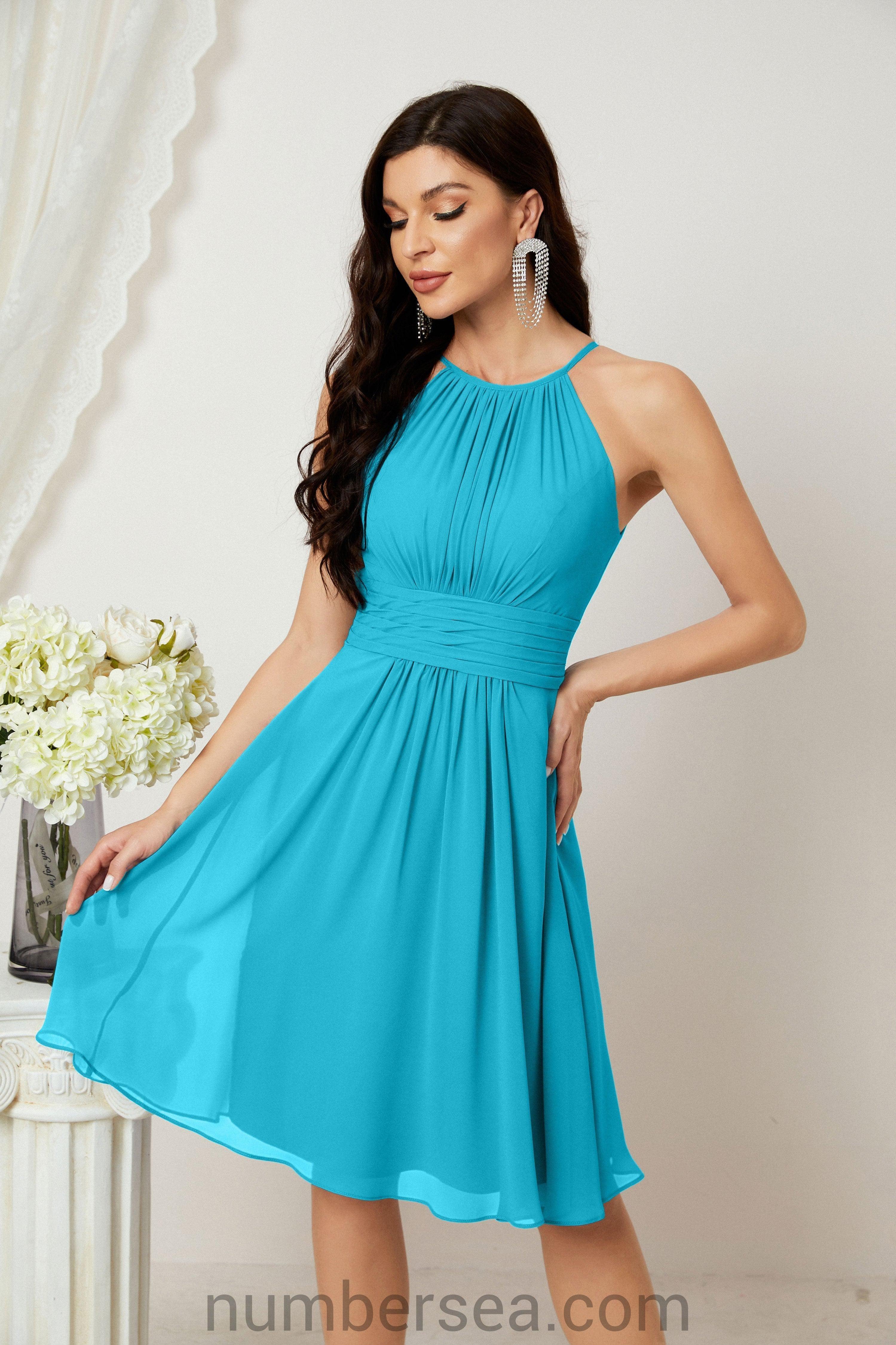 Halter Bridesmaid Dresses Knee Length A Line Formal Evening Party Cocktail Dress 28011