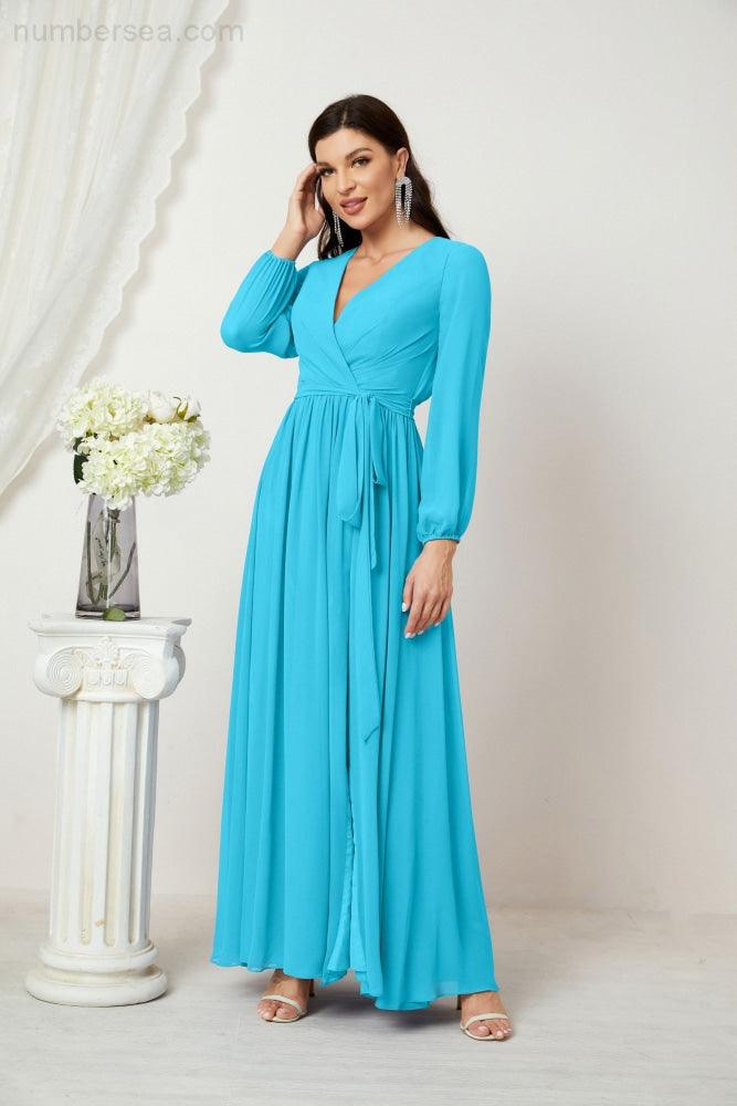 Numbersea Evening Dresses Deep V-Neck Chiffon Bridesmaid Dresses Long Bishop Sleeve Side Split Formal Dress 2806-numbersea