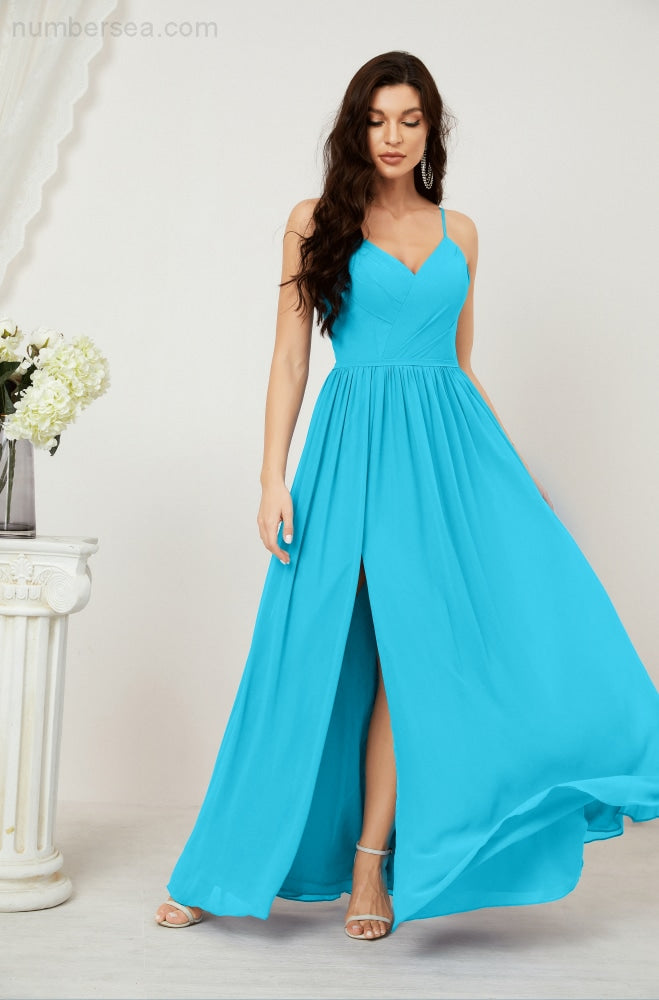 Numbersea Neck Bridesmaid Dresses Chiffon Long Spaghetti A-Line Formal Prom Gown For Wedding Party