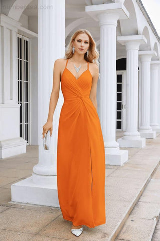 Ladies Chiffon Spaghetti Strap V Neck Front Slit Floor Length Bridesmaid Evening Dress Prom Party Wedding Evening Dress 28116-numbersea