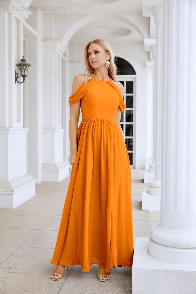 Ladies Chiffon Off Shoulder Swing Sleeve Front Slit Bridesmaid Evening Dress Wedding Party Evening Dress 28117-numbersea