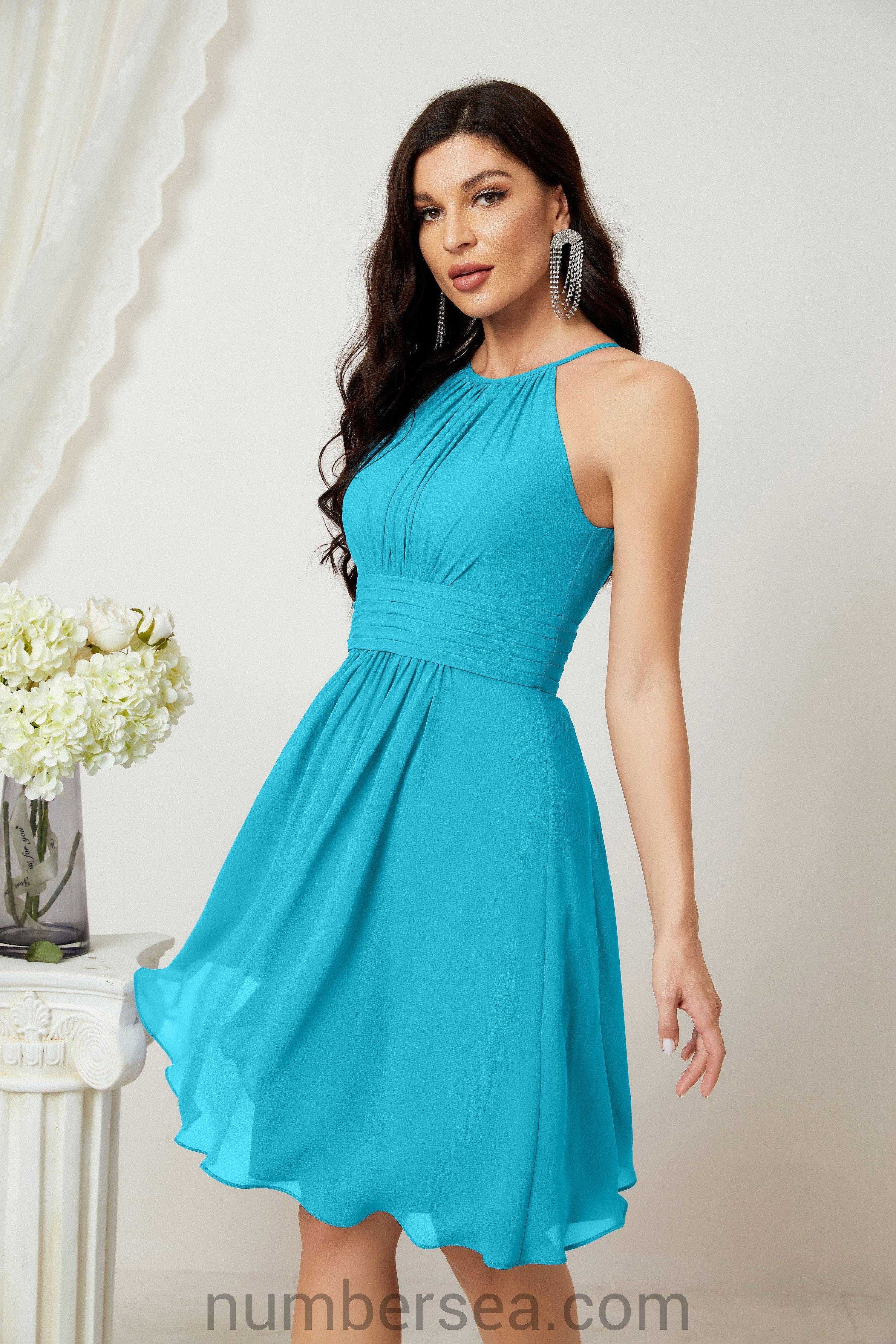 Halter Bridesmaid Dresses Knee Length A Line Formal Evening Party Cocktail Dress 28011