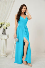 Numbersea Neck Bridesmaid Dresses Chiffon Long Spaghetti A-Line Formal Prom Gown For Wedding Party