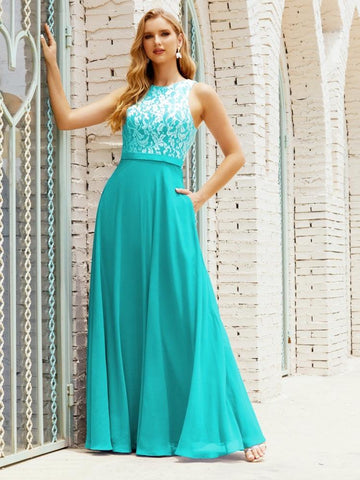Lace Bridesmaid Dress Floor Length Evening Gowns with Pockets 28017-numbersea
