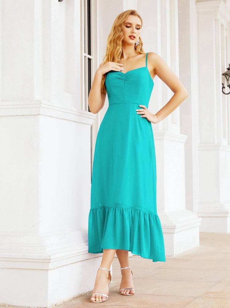 Numbersea Women Strap Chiffon Bridesmaid Dress Ankle Length Sleeveless Blackless Ruffle A Line