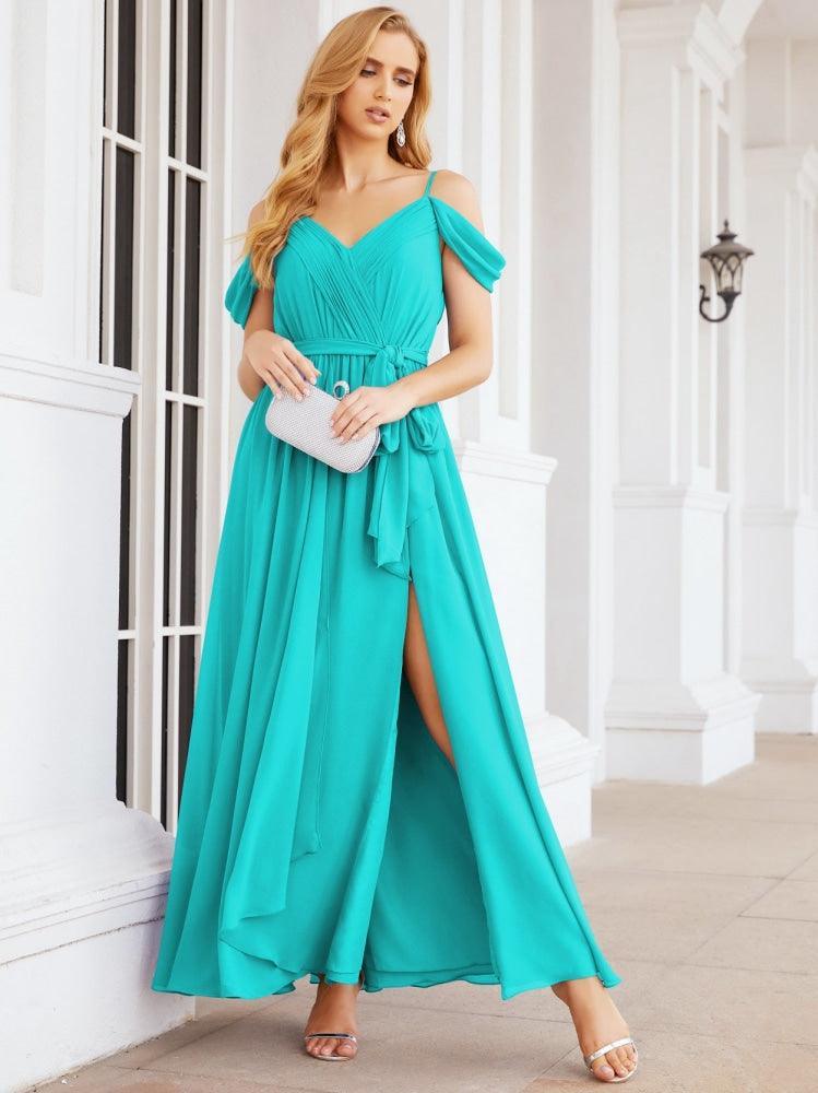 Numbersea Off The Shoulder Chiffon Bridesmaid Dress Long Formal Graduation Gown with Cowl Back 28069-numbersea