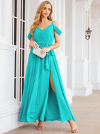 Numbersea Off The Shoulder Chiffon Bridesmaid Dress Long Formal Graduation Gown with Cowl Back 28069-numbersea