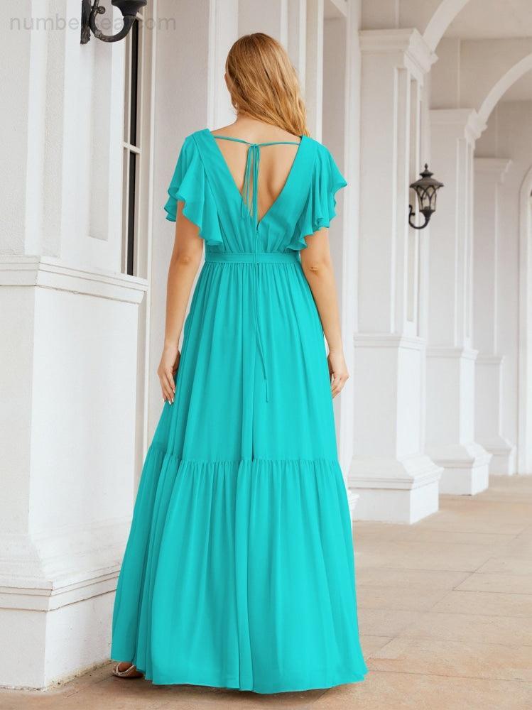 Numbersea Women's Open Back Formal Evening Party Prom Gowns V-Neck Long Chiffon Bridesmaid Dresses with Waist Belt 28038-numbersea