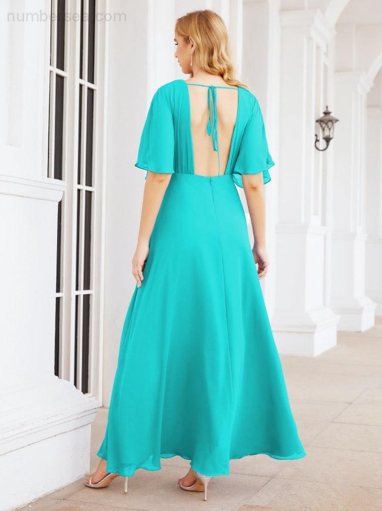 Numbersea V-Neck Bridesmaid Dress Chiffon Long Open Back Formal Dresses for Women Party Evening 28067-numbersea