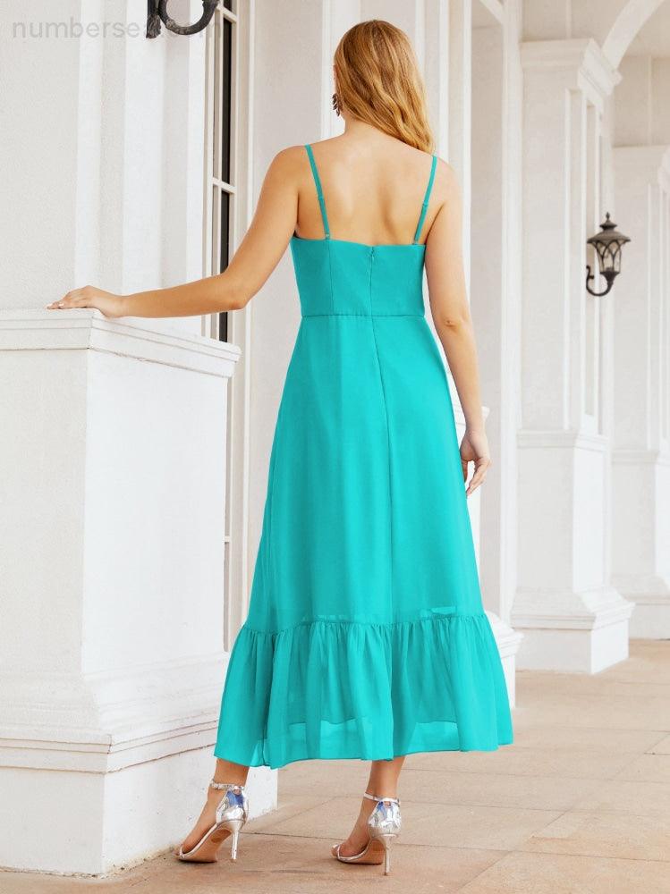 Numbersea Women Strap Chiffon Bridesmaid Dress Ankle Length Sleeveless Blackless Ruffle A Line