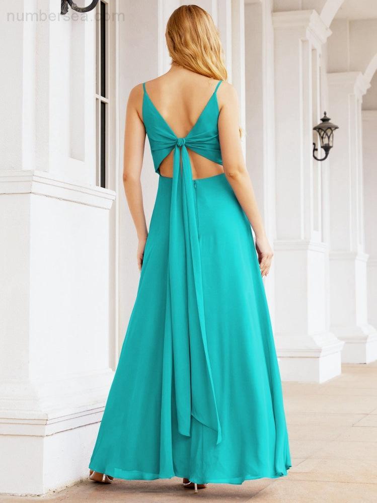 Numbersea Spaghetti Strap Bridesmaid Dresses V Neck Butterfly Back Fromal Evening Party Prom Gown 28036-numbersea