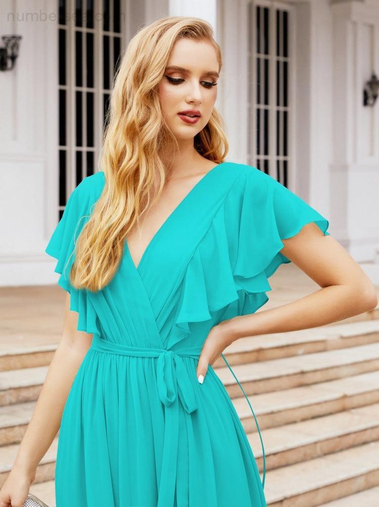 Numbersea Women's Open Back Formal Evening Party Prom Gowns V-Neck Long Chiffon Bridesmaid Dresses with Waist Belt 28038-numbersea