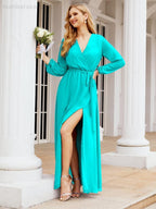 Numbersea Women's Chiffon Bridesmaid Dress A line Long Sleeves Formal Evening Prom Gown for Wedding Guest 28032-numbersea