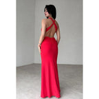 Vestido de fiesta sencillo e informal de corte tubo/columna, escote en V, sin mangas, estilo halter y tirantes cruzados