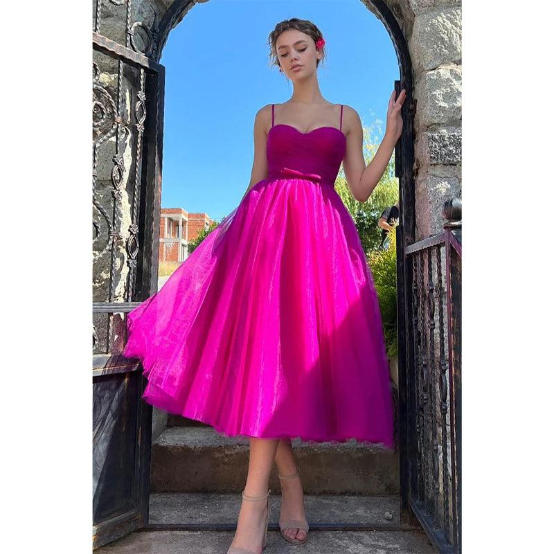 Vestido de fiesta vintage con tirantes finos, tul plisado, largo hasta la rodilla, dulce 
