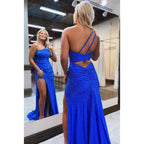 Vestido de fiesta de graduación brillante, sin mangas, con un solo hombro, abertura lateral, lentejuelas y espalda descubierta