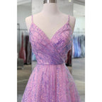Vestido de fiesta morado con lentejuelas, encaje, escote en V y corte A con purpurina 