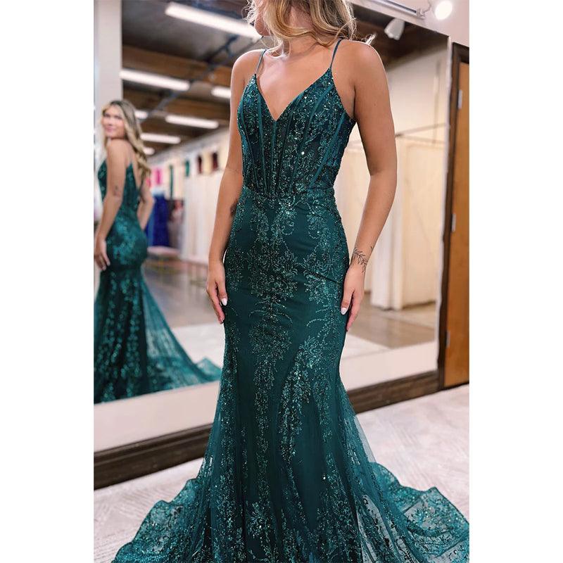 Vestido de fiesta largo de sirena con apliques de lentejuelas y escote en V sexy