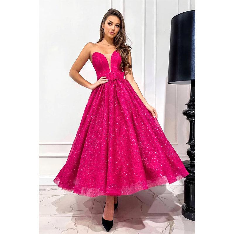 Vestido de fiesta vintage fucsia con escote en V pronunciado y purpurina 
