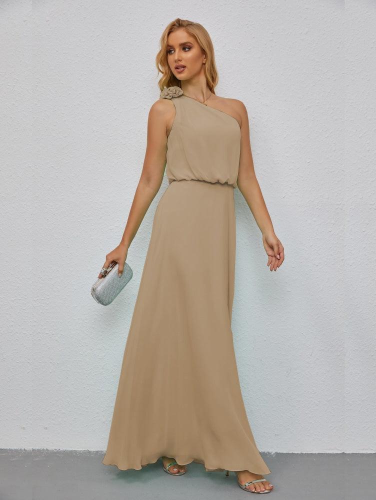 Ruffled One Shoulder Sleeveless Long Bridesmaid Dresses A-line Formal Evening Gown Side Split 28080-numbersea