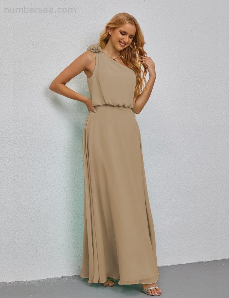 Ruffled One Shoulder Sleeveless Long Bridesmaid Dresses A-line Formal Evening Gown Side Split 28080-numbersea
