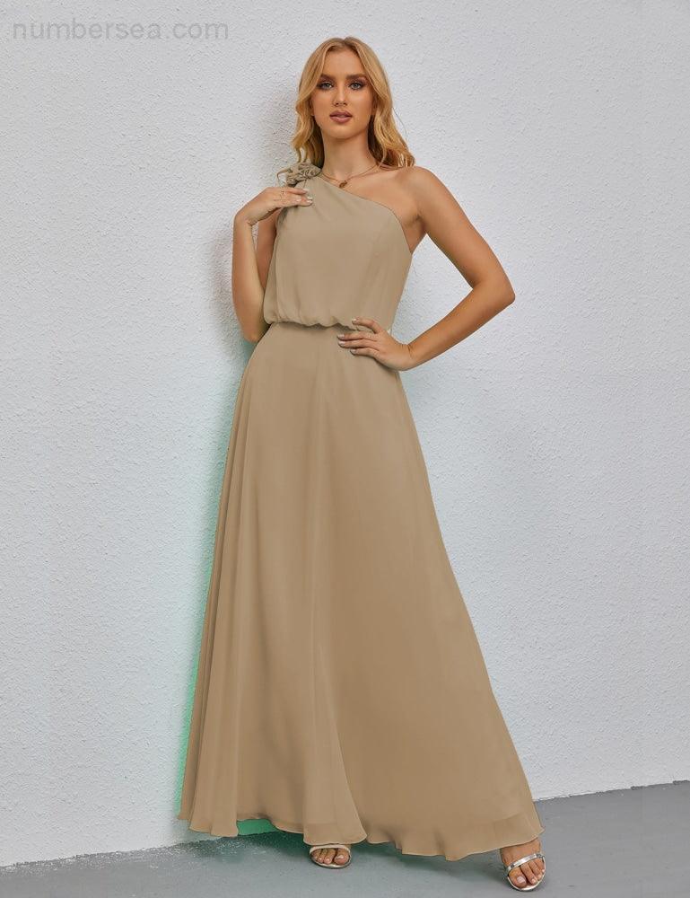 Ruffled One Shoulder Sleeveless Long Bridesmaid Dresses A-line Formal Evening Gown Side Split 28080-numbersea