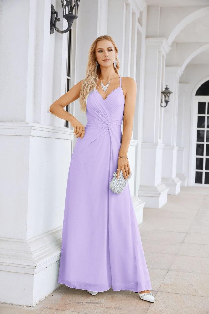 Ladies Chiffon Spaghetti Strap V Neck Front Slit Floor Length Bridesmaid Evening Dress Prom Party Wedding Evening Dress 28116-numbersea