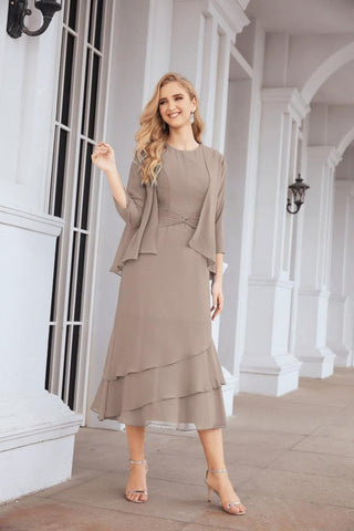 Numbersea Formal Party Gown Dress Chiffon Long Mother of The Bride Dresses with Ruffle Cape 28072 - numbersea