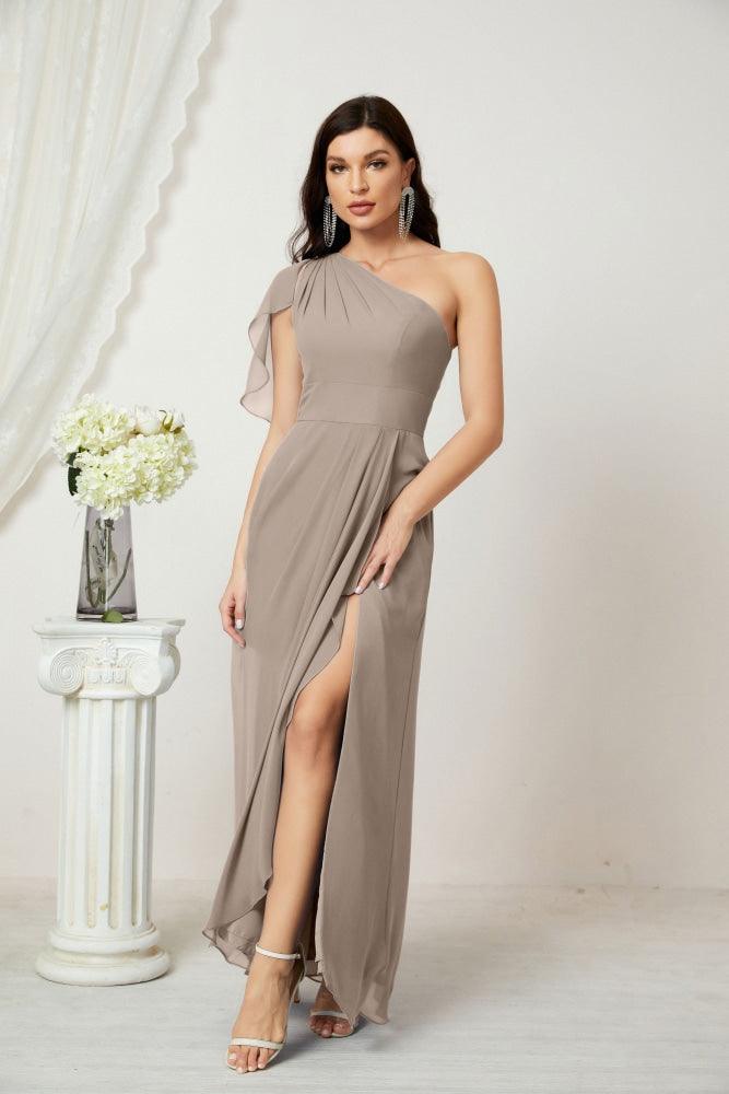 Numbersea Chiffon Ruffled One Shoulder Long Bridesmaid Dresses A-line Formal Evening Gown Side Split 2809-numbersea