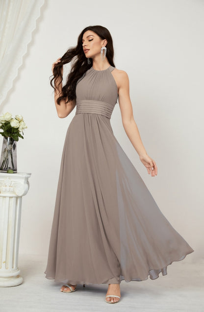 Numbersea Formal Party Gown Dress Chiffon Halter Long Sleeveless Bridesmaid Dresses 2802 Taupe