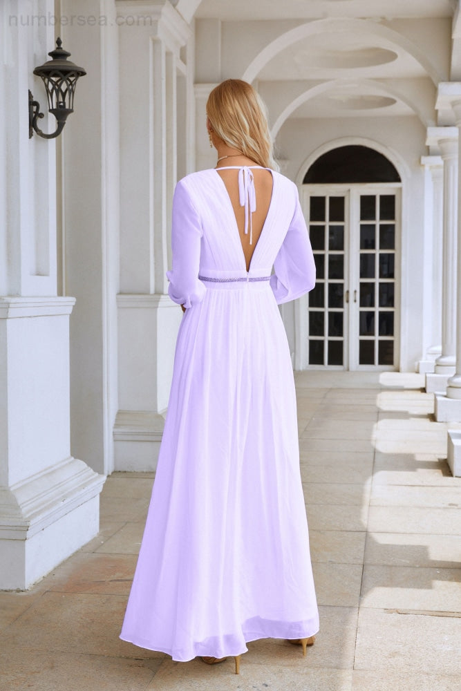 Ladies V Neck Chiffon Long Sleeve Front Slit Bridesmaid Evening Dress Wedding Party Shopping Evening Dress 28109-numbersea