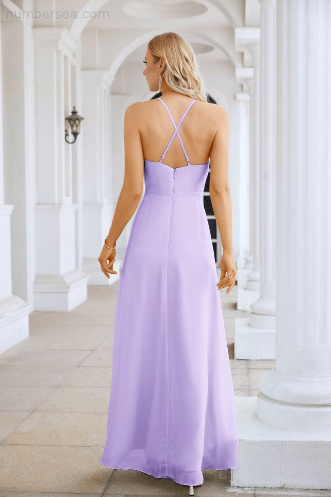Ladies Chiffon Spaghetti Strap V Neck Front Slit Floor Length Bridesmaid Evening Dress Prom Party Wedding Evening Dress 28116-numbersea
